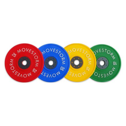 Movestorm bumper plate rubber coaster merchandise in Olympic-inspired colors.