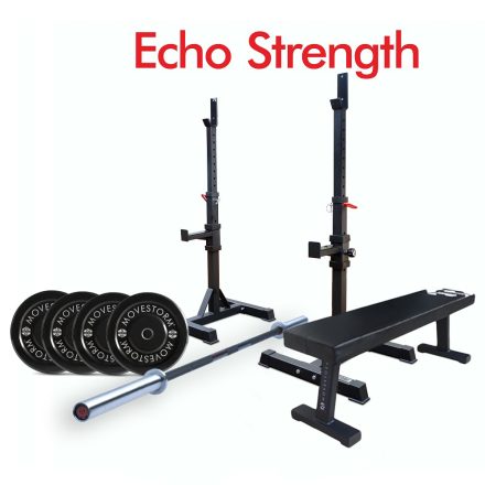 Movestorm Echo Strength Package – FS Squat Stands, Power Bar, Echo Bumper Plates, Flat Bench
