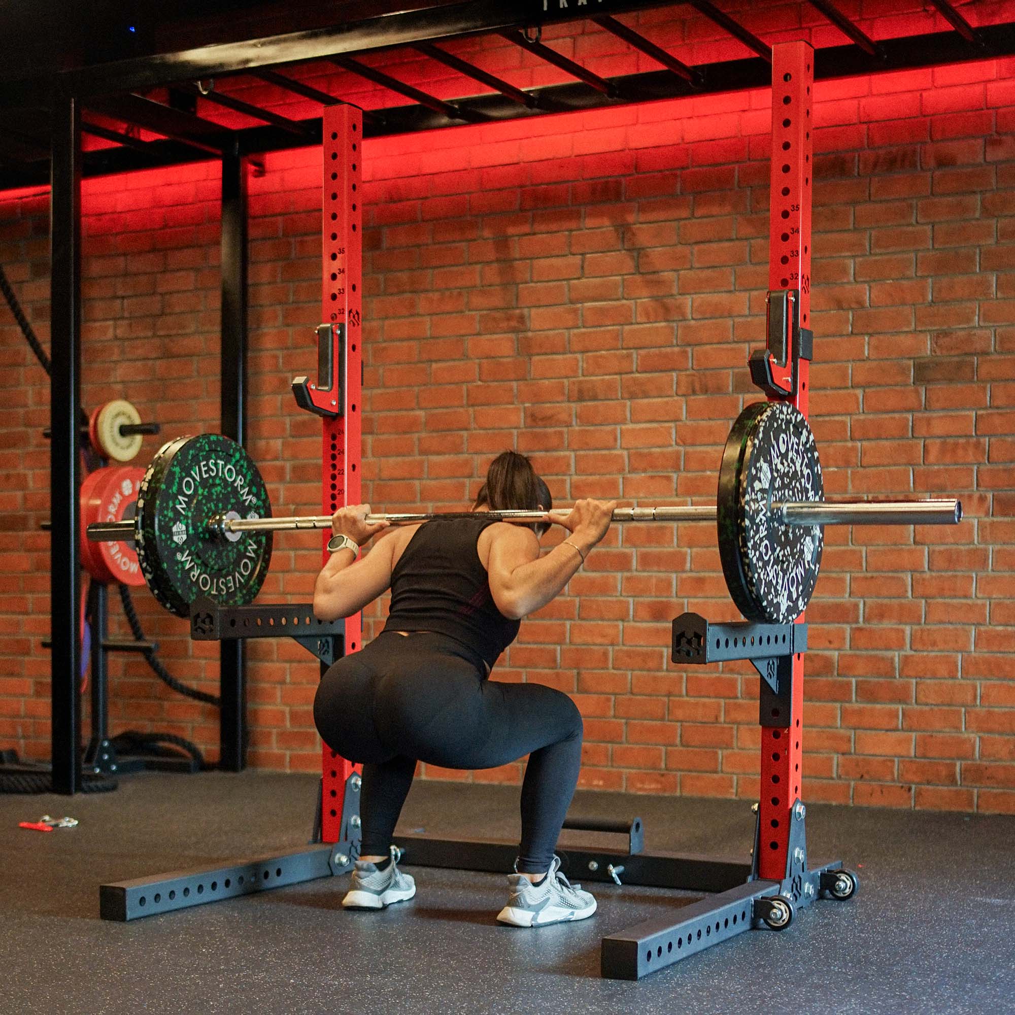 Strength training equipment in a gym