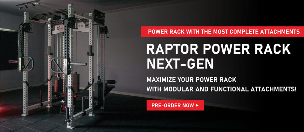 Power rack for home gym setup with barbell and weight plates